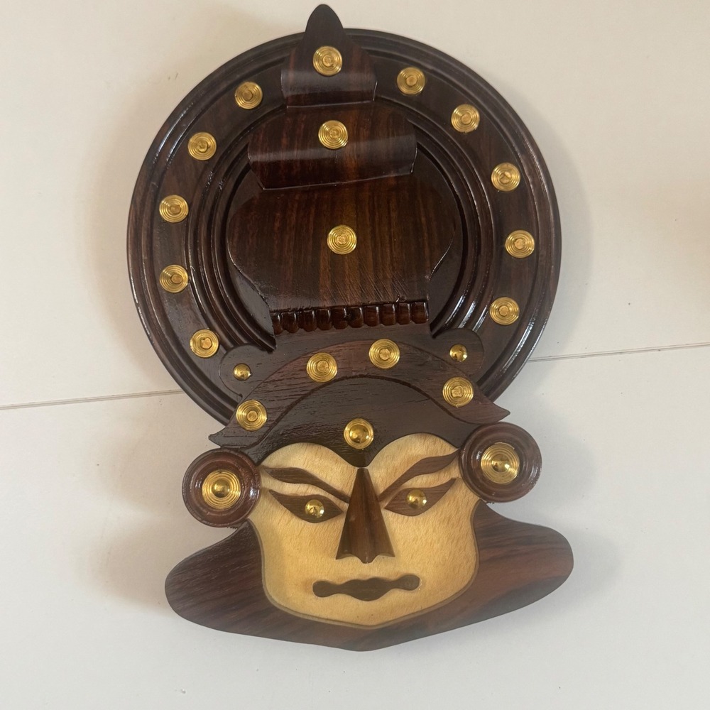 Handcrafted Wooden Kathakali Mask Wall Hanging Indian Cultural Decor Brass Inlay